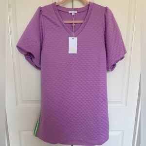 Mary Square Quilted V-Neck Dress in Lavender with Green trim on sides